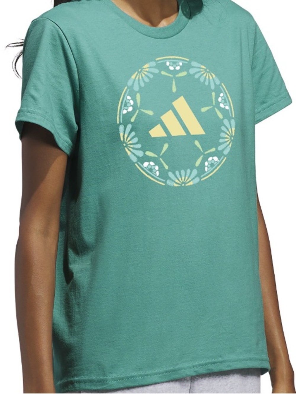 adidas Teal Short Sleeve Tee with Yellow Floral Logo